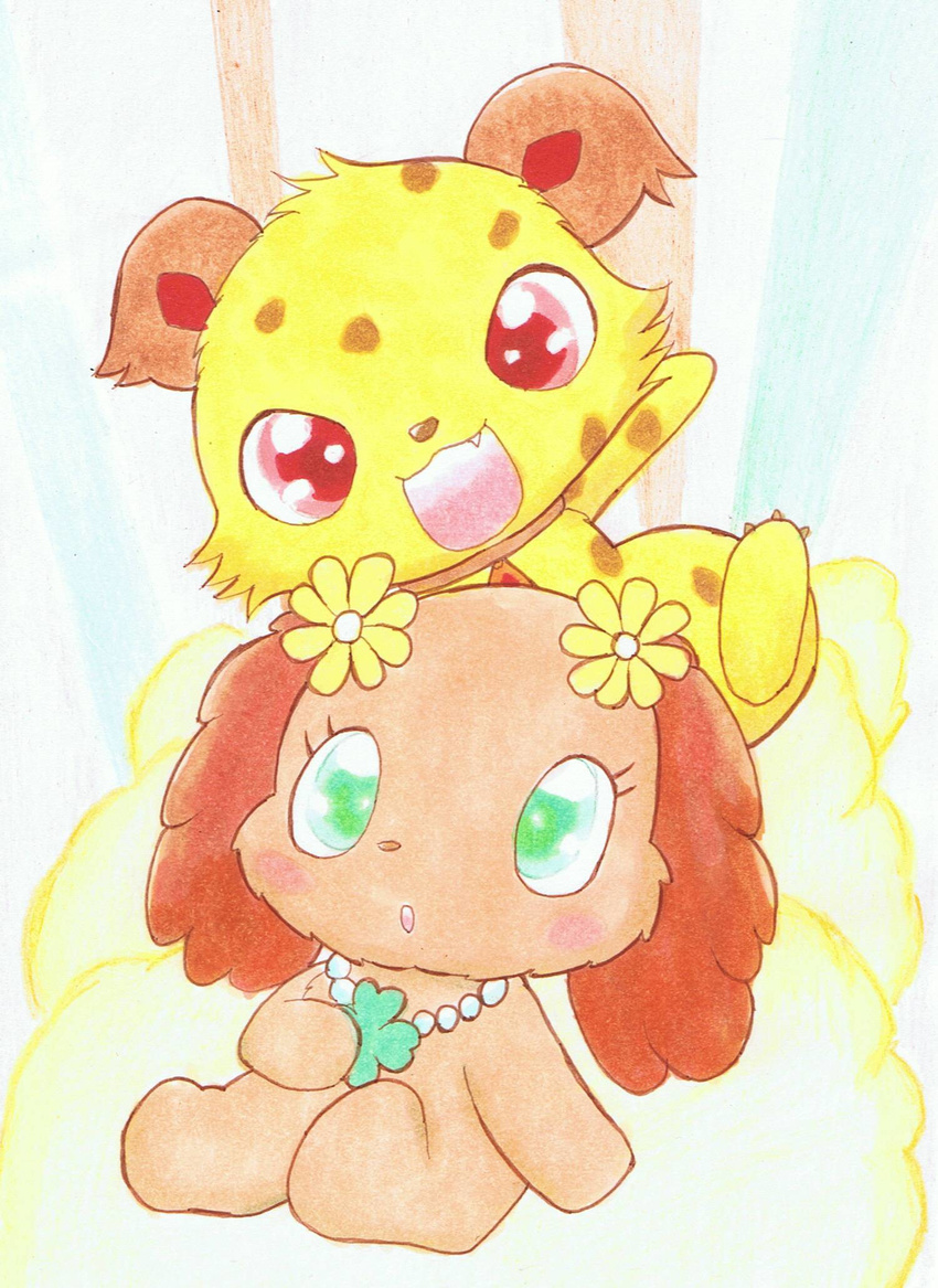 blush canine cheetah clover dog duo eyelashes feline female feral flower fur gatlingoose green_eyes jasper_(jewelpet) jewelpet jewelry male mammal necklace open_mouth plant prase_(jewelpet) red_eyes simple_background spots yellow_fur