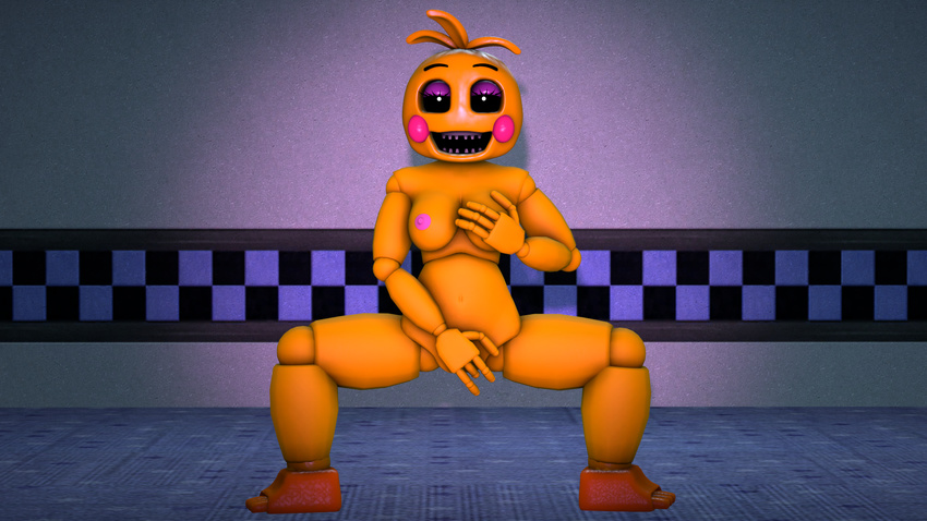 2016 3d_(artwork) animatronic anthro avian bird breast_grab breasts chicken crouching digital_media_(artwork) female fingering five_nights_at_freddy's five_nights_at_freddy's_2 hand_on_breast hi_res looking_at_viewer machine masturbation nipples nude robot smile solo source_filmmaker toy_chica_(fnaf) vaginal vaginal_fingering video_games xboxking37