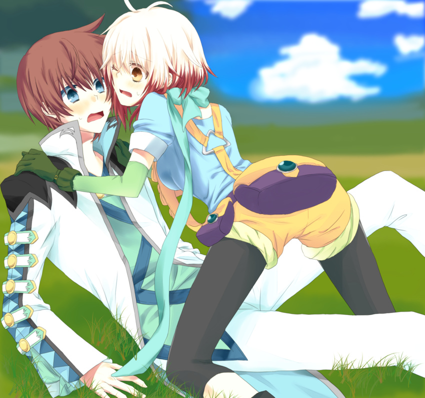 1boy 1girl asbel_lhant blue_eyes blush breasts brown_eyes coat elbow_gloves gloves multicolored_hair one_eye_closed open_mouth pants pascal red_hair scarf shoes short_hair short_shorts shorts tales_of_(series) tales_of_graces