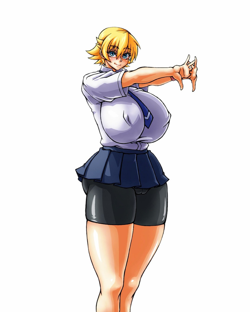 ass bike_shorts blonde_hair blue_eyes breasts happy huge_breasts igawa_sakura lilith-soft plump school_uniform smile stretching taimanin_asagi wrato