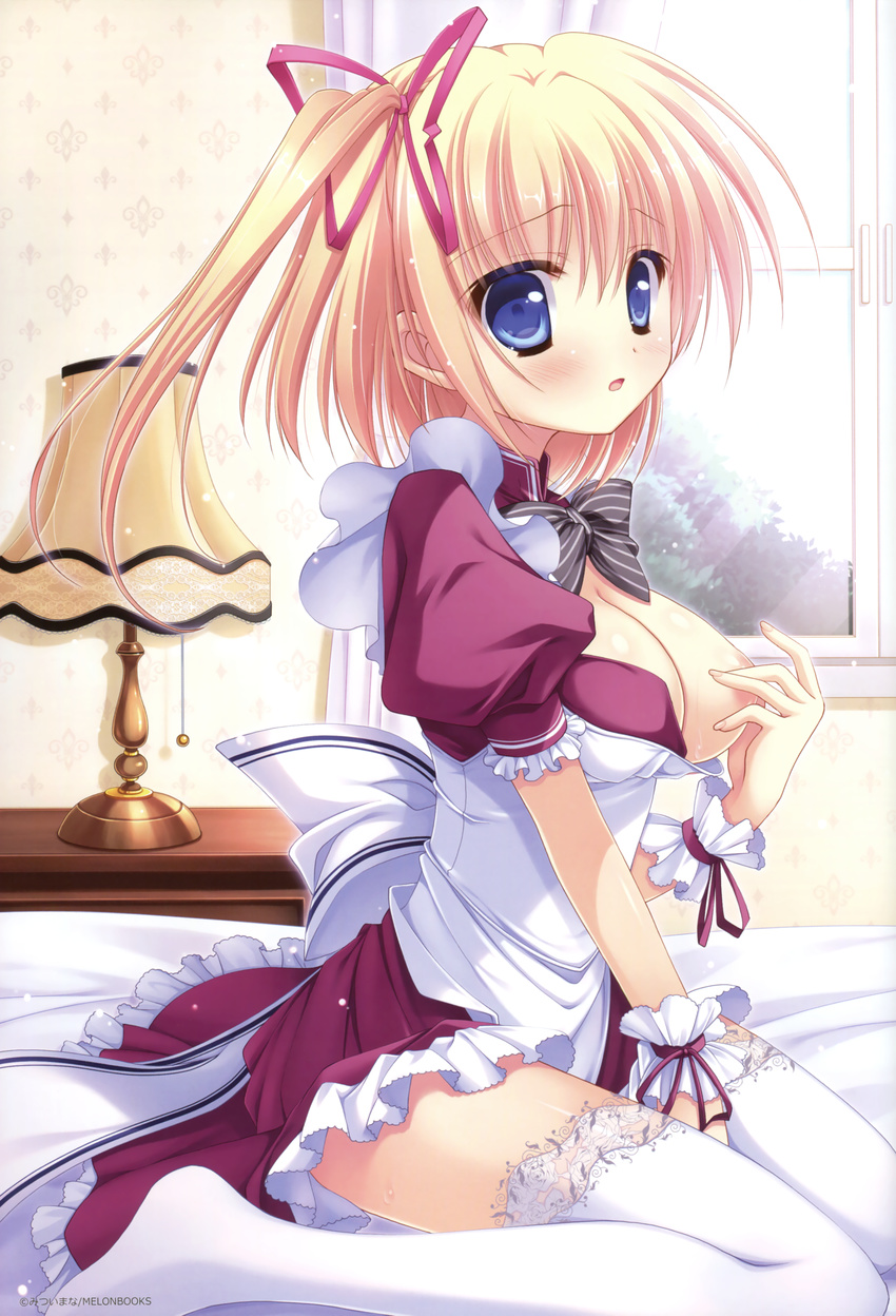 absurdres areolae bed between_legs blonde_hair blue_eyes bow bowtie breasts cleavage eyebrows_visible_through_hair from_side hair_ribbon hand_between_legs highres indoors kneeling looking_at_viewer maid medium_breasts mitsui_mana open_mouth original red_ribbon ribbon side_ponytail solo striped striped_bow thighhighs white_legwear window wrist_cuffs