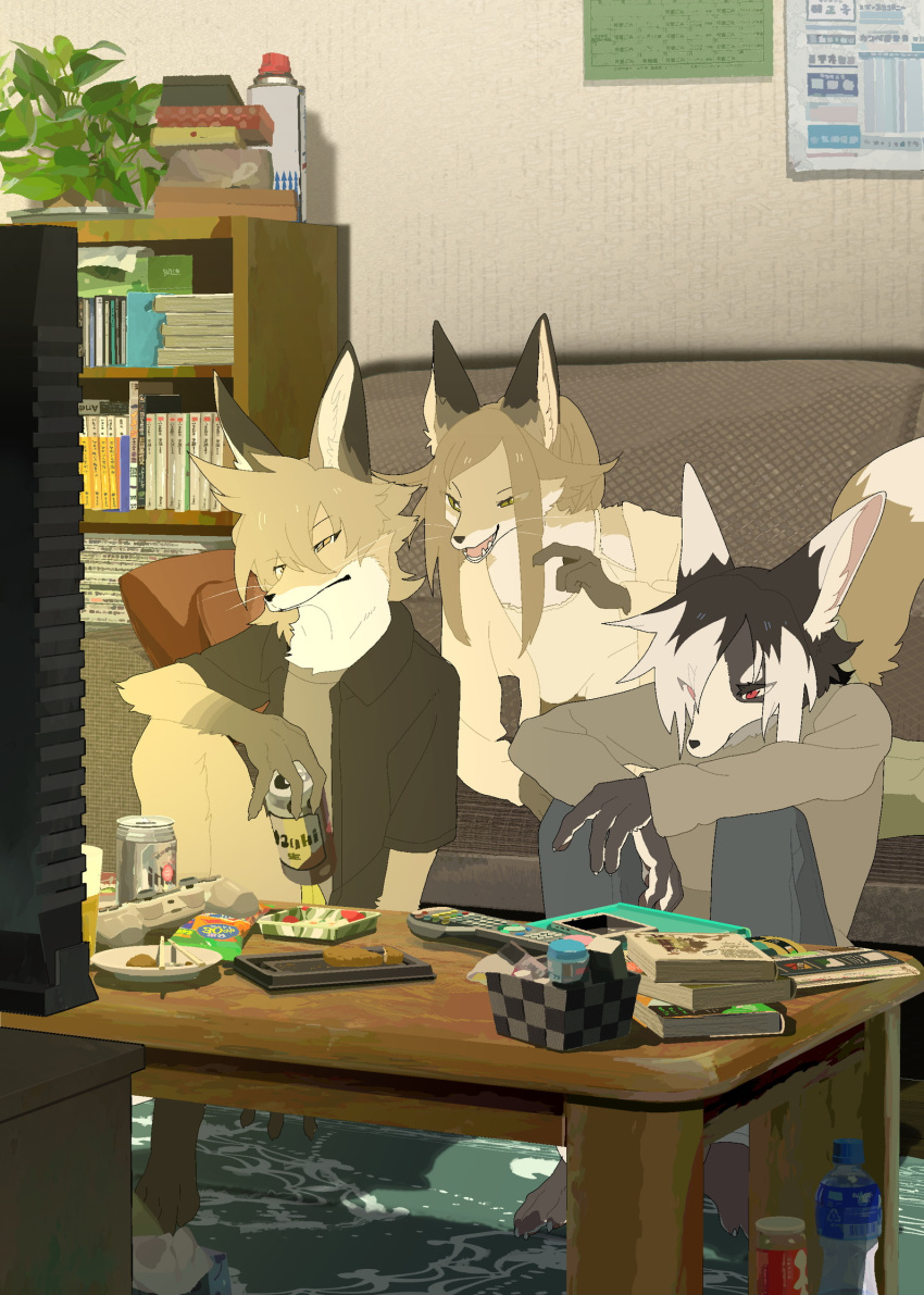 anthro book bottle breasts can canine clothed clothing female fluffy fluffy_tail food fur grey_fur group holding_object male mammal open_mouth reclining red_eyes sitting table tan_fur taracod white_fur yellow_eyes