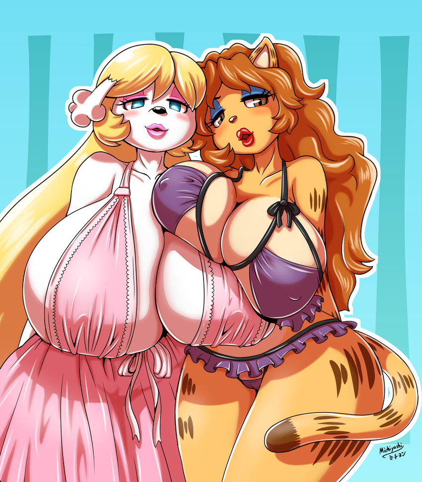 2016 absurd_res anthro big_breasts breasts camel_toe canine cleavage clothed clothing duo erect_nipples feline female hi_res huge_breasts mammal michiyoshi nipple_bulge nipples panties underwear