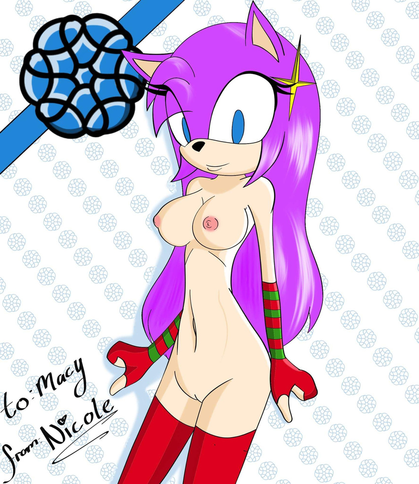 blush breasts christmas fan_character hair holidays inviting macy_the_hedgehog mammal nipples purple_hair pussy simple_background smile sonic_(series) team_macy teasing