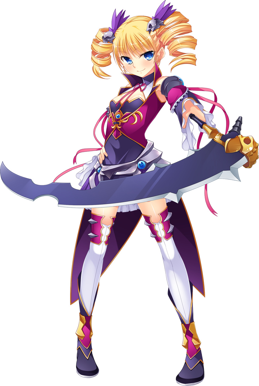 absurdres blonde_hair blue_eyes blush bow bowtie detached_sleeves drill_hair frills full_body hand_on_hip highres holding holding_weapon kantaka koihime_musou looking_at_viewer scythe solo sousou thighhighs transparent_background twintails weapon