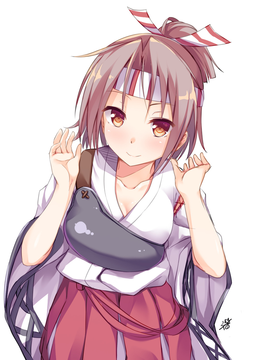 alternate_breast_size alternate_hairstyle artist_name bangs breasts brown_eyes cleavage collarbone hachimaki hands_up headband high_ponytail highres japanese_clothes kantai_collection light_brown_hair looking_at_viewer medium_breasts muneate short_hair signature simple_background smile solo white_background wide_sleeves yuumaru_(you-mya) zuihou_(kantai_collection)