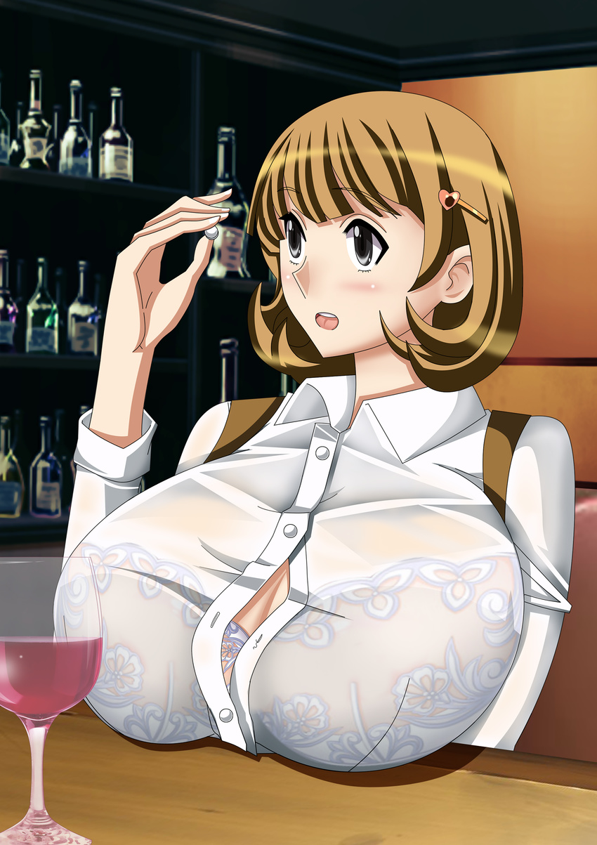 absurdres black_eyes bra breasts brown_hair button_gap cleavage cup drinking_glass hair_ornament hairclip heart heart_hair_ornament highres huge_breasts narusawa_ryouka occultic;nine see-through seraphina short_hair solo underwear white_bra wine_glass