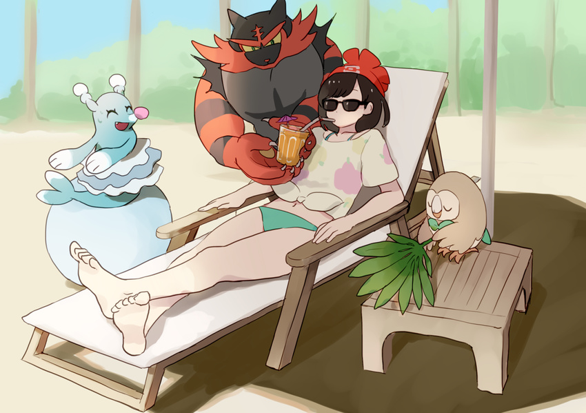 1girl bare_legs barefoot bikini brionne feet female female_protagonist_(pokemon_sm) incineroar legs pokemon pokemon_(game) pokemon_sm rowlet soles solo sunglasses toes