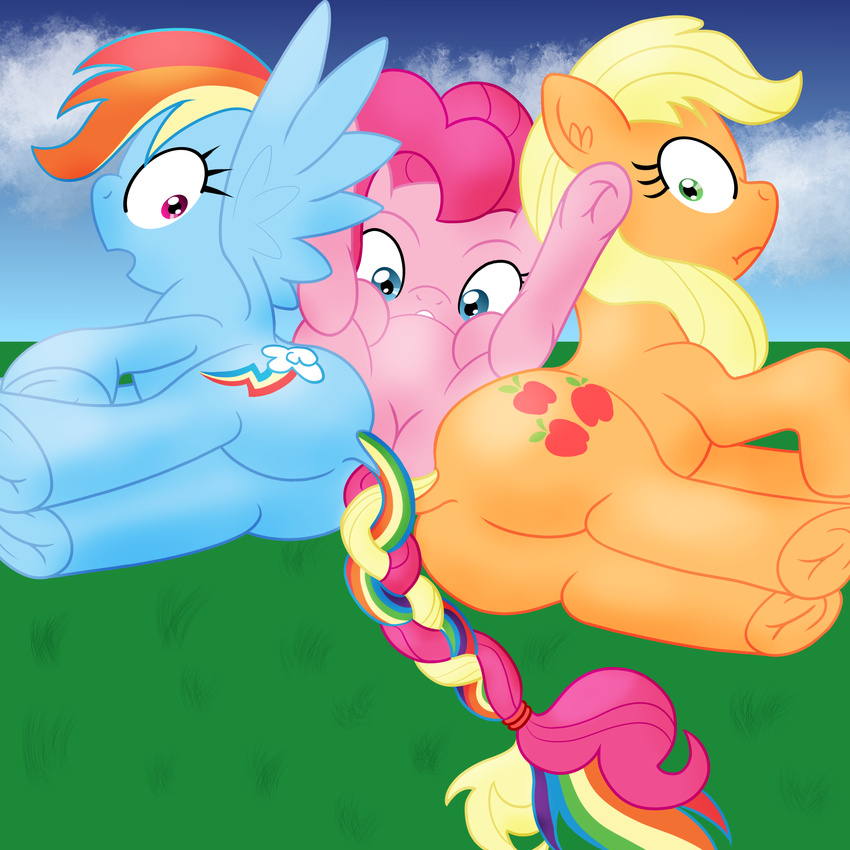 applejack_(mlp) blonde_hair blue_eyes blue_feathers butt cutie_mark cybersquirrel earth_pony equine feathered_wings feathers female feral freckles friendship_is_magic fur green_eyes group hair horse intertwined_tails mammal multicolored_hair my_little_pony pegasus pink_hair pinkie_pie_(mlp) pony rainbow_dash_(mlp) rainbow_hair wings