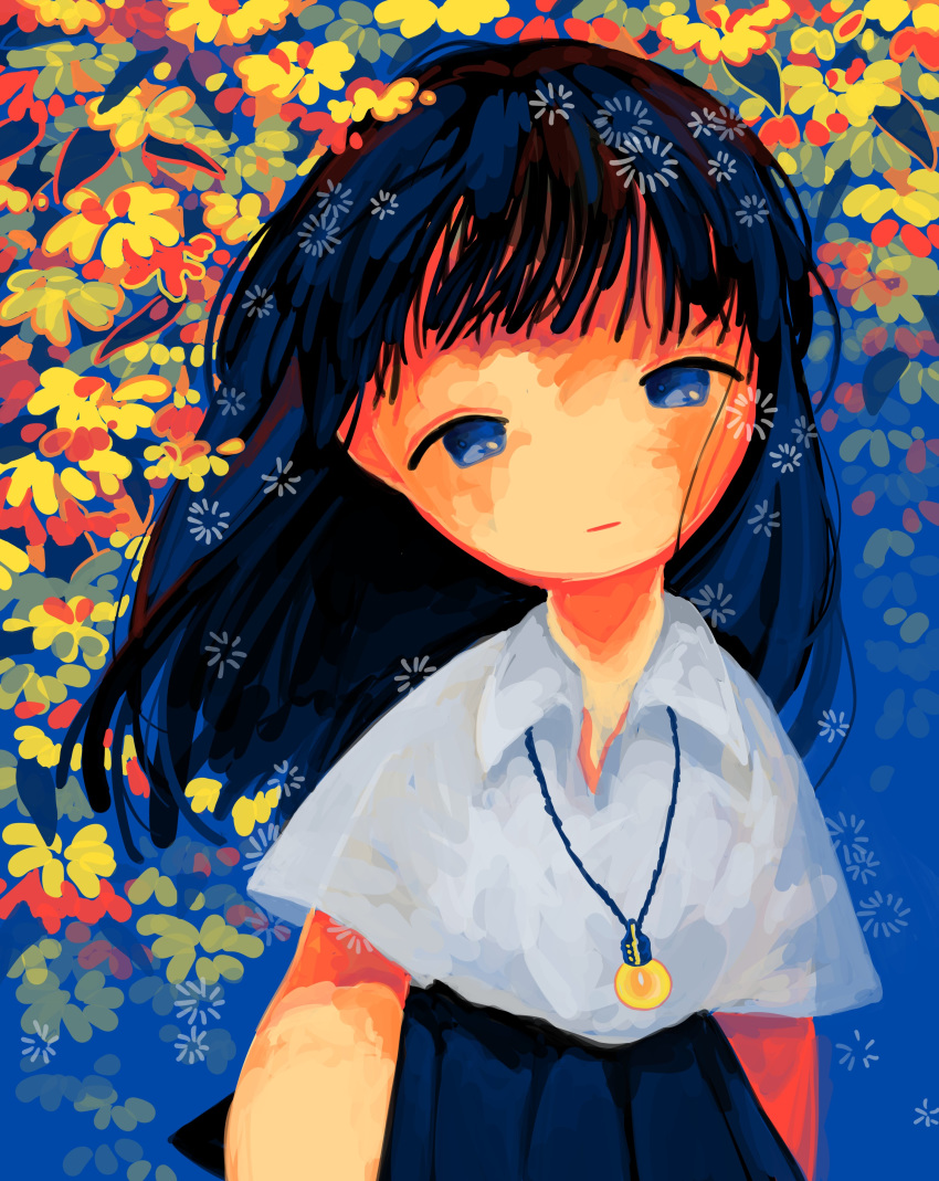 1girl abstract absurdres bangs black_hair black_skirt blue_background blue_eyes collared_shirt flower glowing half-closed_eyes highres jewelry leaf long_hair looking_at_viewer necklace no_nose original pleated_skirt shirt sizucomaru skirt solo white_shirt yellow_flower