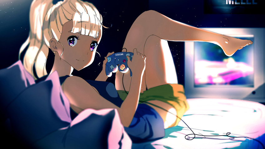 1girl bare_legs bare_shoulders bed controller feet game_console gamecube gamer highres joystick legs_crossed looking_at_viewer looking_back lying midriff moxie2d navel night original pillow playing_games ponytail purple_eyes short_shorts shorts smile solo stars tank_top tanned television white_hair