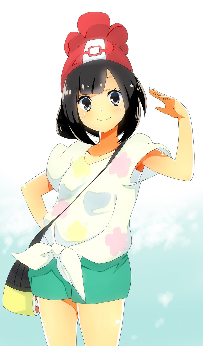 1girl arms_behind_back artist_request beanie black_eyes black_hair female_protagonist_(pokemon_sm) floral_print front_tie_top green_shorts looking_at_viewer pokemon pokemon_(game) pokemon_sm red_hat short_hair shorts simple_background smile solo strap_bag tied_shirt