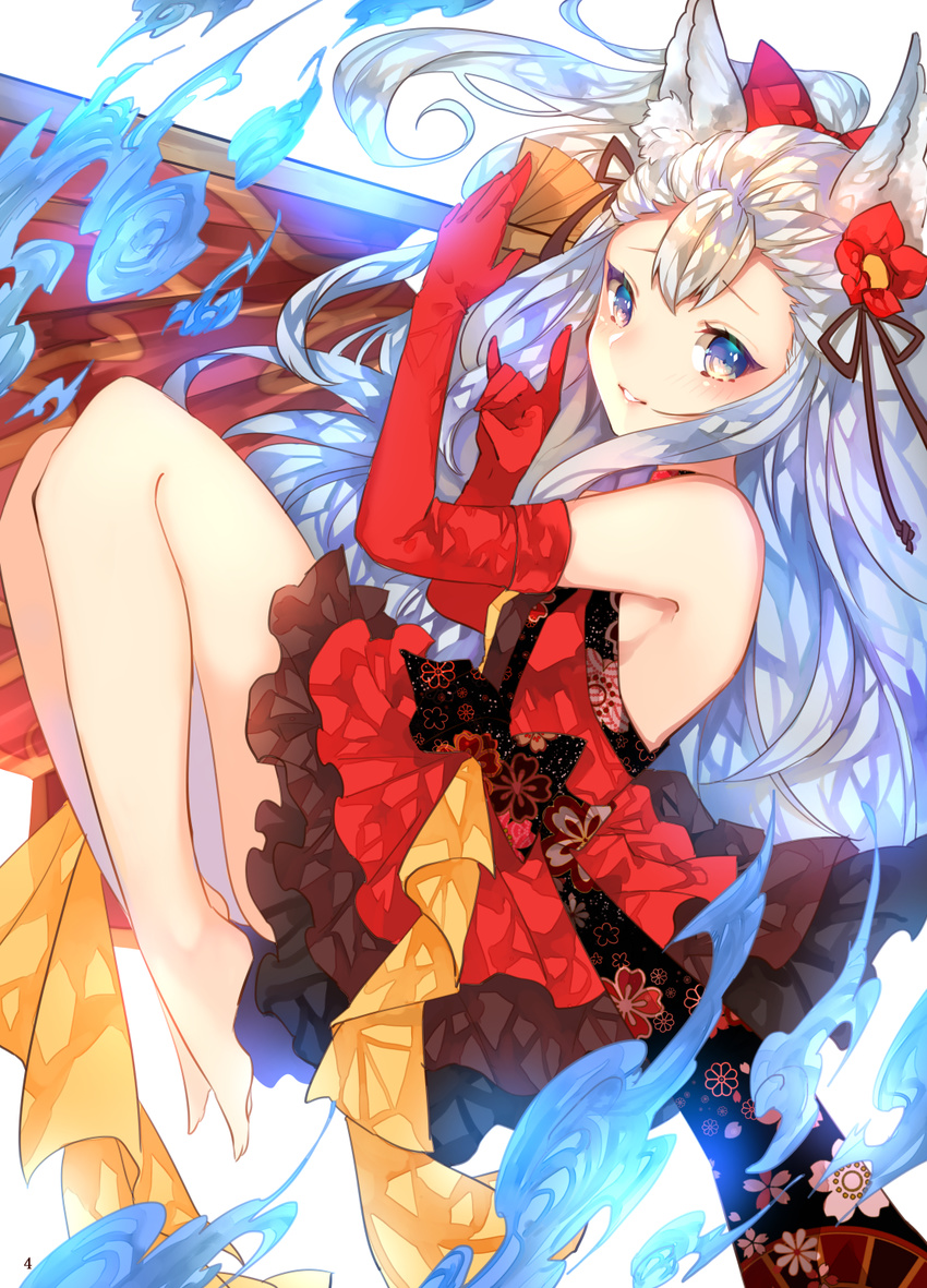 animal_ears bad_id bad_pixiv_id bare_shoulders blue_eyes breasts detached_sleeves dress elbow_gloves erune fan floral_print fox_ears fox_shadow_puppet fox_tail full_body fur_trim gloves granblue_fantasy hair_between_eyes hair_ornament head_tilt highres long_hair looking_at_viewer lying medium_breasts off-shoulder_dress off_shoulder on_side oversized_object red_dress red_gloves sideboob silver_hair socie_(granblue_fantasy) solo sweetroad tail very_long_hair