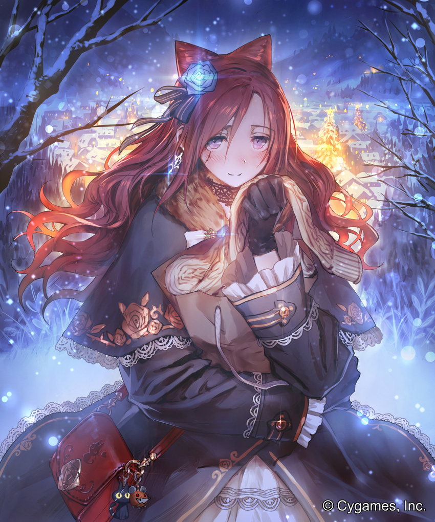 1girl bag bare_tree beige_scarf black_coat black_gloves blush brown_hair building capelet ceres_(shingeki_no_bahamut) christmas_lights closed_mouth company_name earrings facial_scar floral_print flower glint gloves hair_between_eyes hair_flower hair_ornament handbag highres holding jewelry lace_choker light_particle long_hair night official_art okada_manabi outdoors paper_bag purple_eyes purple_rose rose scar shingeki_no_bahamut skirt smile snow snowing solo tree watermark wavy_hair white_skirt