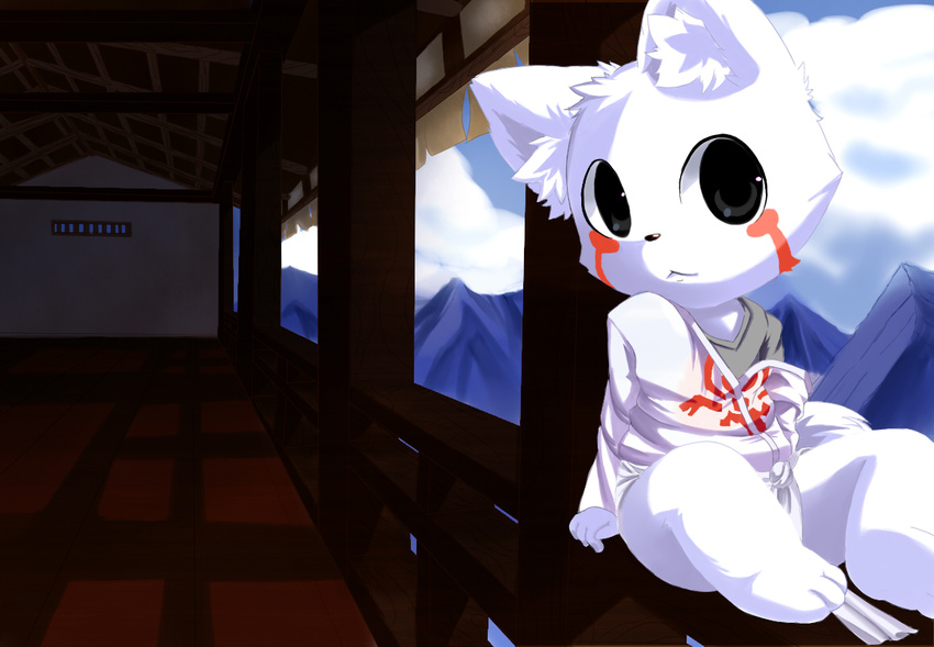 ambigious_gender anthro cat clothing cub detailed_background feline fur invalid_color looking_at_viewer mammal moki mountain robe sitting young