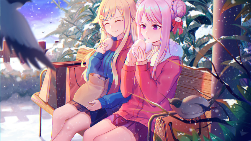 2girls :o ^_^ bag bangs baozi bench bird black_skirt blonde_hair blue_sweater blurry blurry_foreground blush bow bush closed_eyes closed_mouth commentary_request day depth_of_field double_bun duck_hair_ornament eyebrows_visible_through_hair eyes_closed facing_viewer feet_out_of_frame fence food fur-trimmed_jacket fur_trim hair_bow highres himehina_channel holding holding_food jacket long_hair multiple_girls on_bench outdoors park_bench parted_lips pink_hair plant pleated_skirt pos2457564744 purple_eyes purple_skirt red_bow red_jacket red_scarf scarf shopping_bag sitting skirt sleeves_past_wrists smile snow snowing steam suzuki_hina sweater swept_bangs tanaka_hime two-handed winter