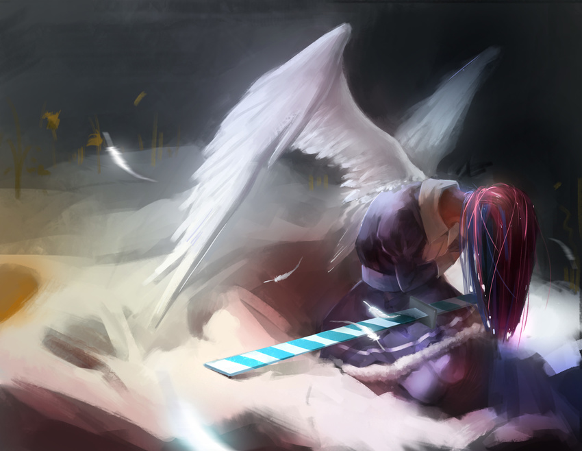 absurdres angel_wings black_dress dark dress feathered_wings feathers gothic_lolita head_down highres kneeling lolita_fashion minza_(xumin_huanyi) multicolored_hair panty_&amp;_stocking_with_garterbelt petticoat sitting solo stocking_(psg) sword two-tone_hair weapon white_wings wings