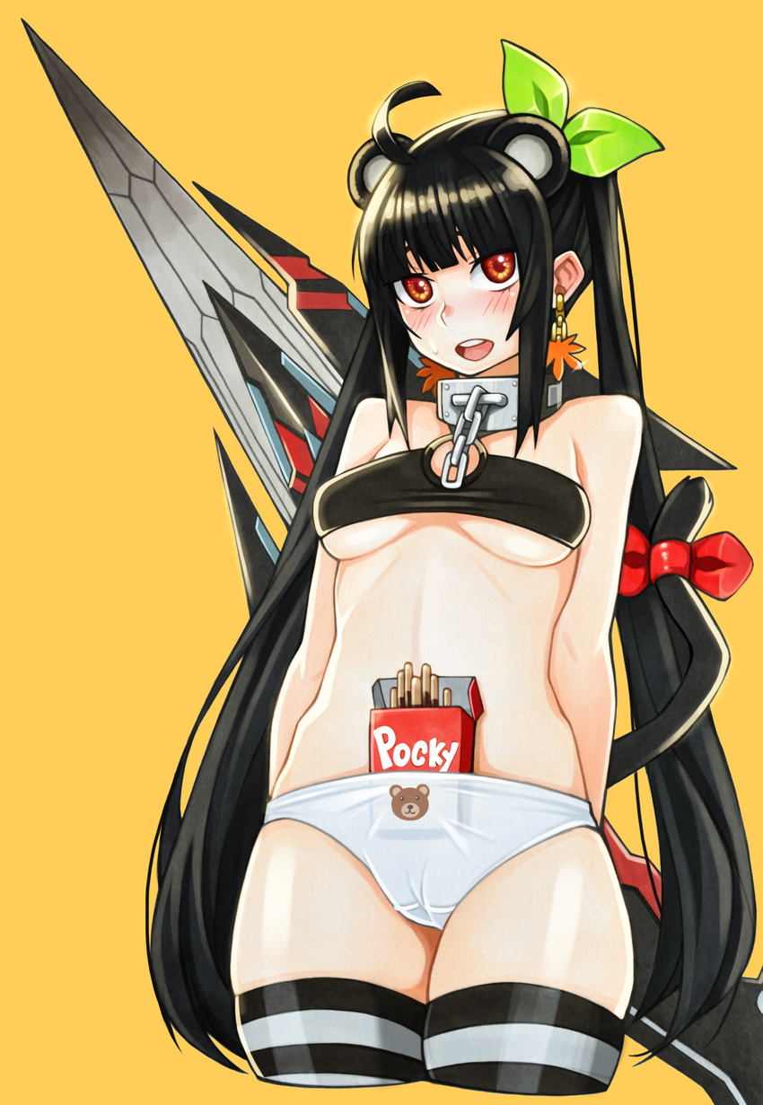 :d absurdres adultonly ahoge animal_ears animal_print arms_behind_back bad_id bad_pixiv_id bandeau bear_print black_hair blush breasts cameltoe cat_tail chain collar copyright_request cropped_legs earrings food green_ribbon hair_ribbon head_tilt highres in_panties jewelry long_hair medium_breasts no_pants open_mouth panties pocky red_eyes red_ribbon ribbon simple_background smile solo striped striped_legwear tail tail_ribbon thighhighs twintails underwear very_long_hair white_panties yellow_background