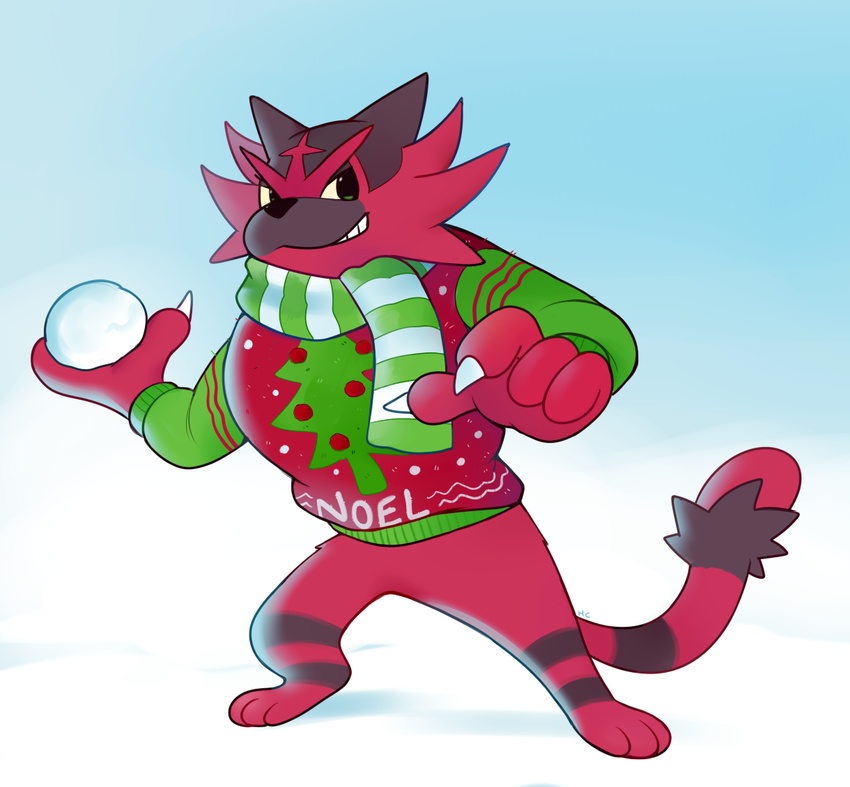 black_fur clothing clzws feline fur incineroar mammal nintendo pok&eacute;mon red_fur rumwik scarf snowball solo sweater video_games