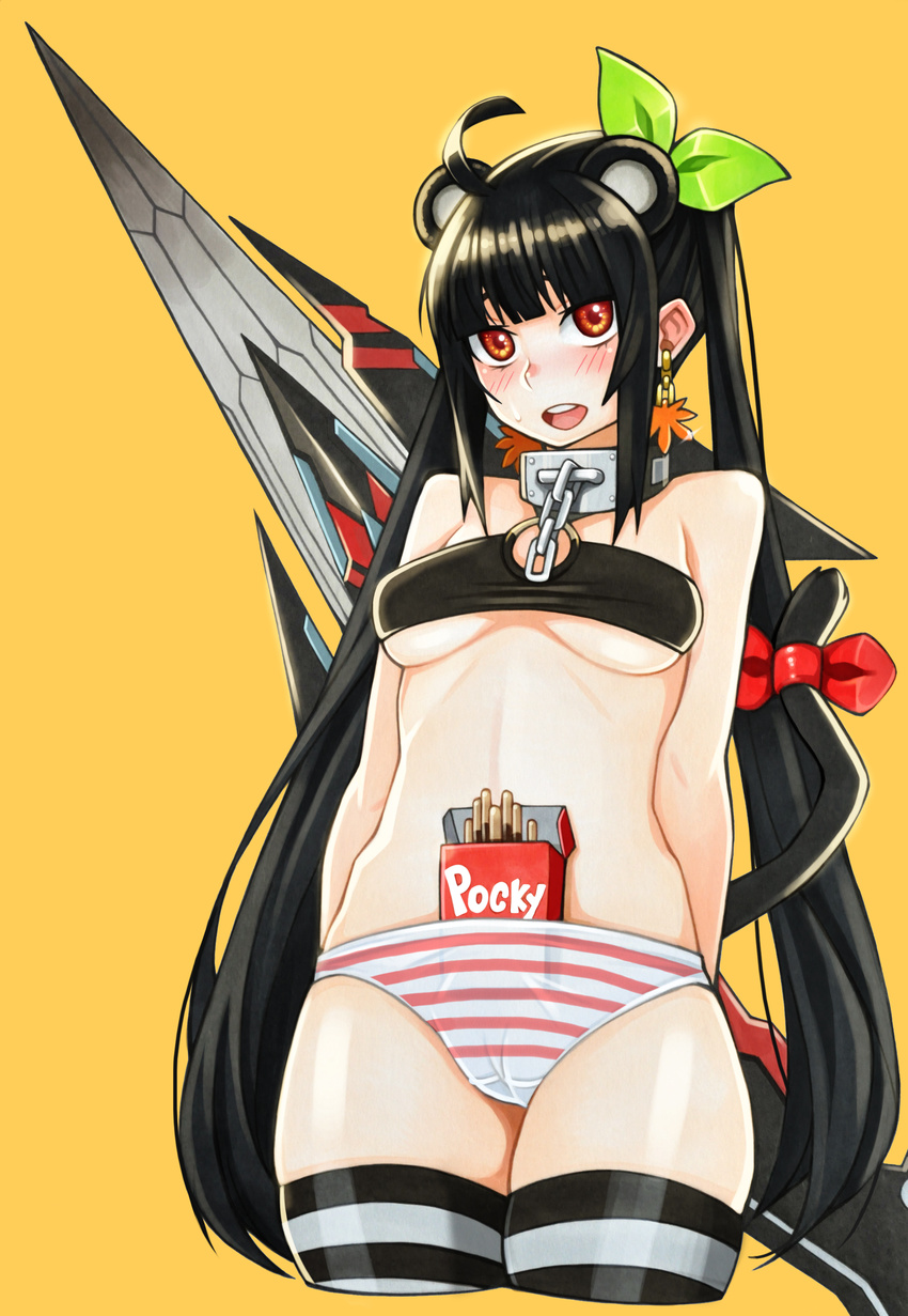 :d absurdres adultonly ahoge animal_ears arms_behind_back bad_id bad_pixiv_id bandeau black_hair blush breasts cameltoe cat_tail chain collar copyright_request cowboy_shot cropped_legs earrings food green_ribbon hair_ribbon head_tilt highres in_panties jewelry long_hair medium_breasts no_pants open_mouth panties pocky red_eyes red_ribbon ribbon simple_background smile solo striped striped_legwear striped_panties tail tail_ribbon thighhighs twintails underwear very_long_hair yellow_background