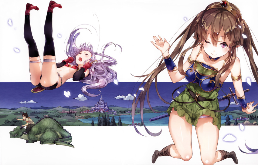2girls black_hair black_legwear black_shorts breasts breasts_apart brown_hair closed_eyes detached_sleeves dorsiflexion dragon dress fantasy glasses gloves gold_trim green_dress highres lavender_hair legs_up long_hair looking_at_viewer medium_breasts multiple_girls myucel_foalan one_eye_closed open_mouth outbreak_company outside_border outstretched_wrists panties panty_peek petralka_anne_eldant_iii pleated_dress pointy_ears purple_eyes red_footwear red_gloves shiny shiny_skin shoes shorts skirt skirt_lift sleeveless sleeveless_dress smile strapless strapless_dress sword thighhighs underwear very_long_hair weapon white_panties yuugen