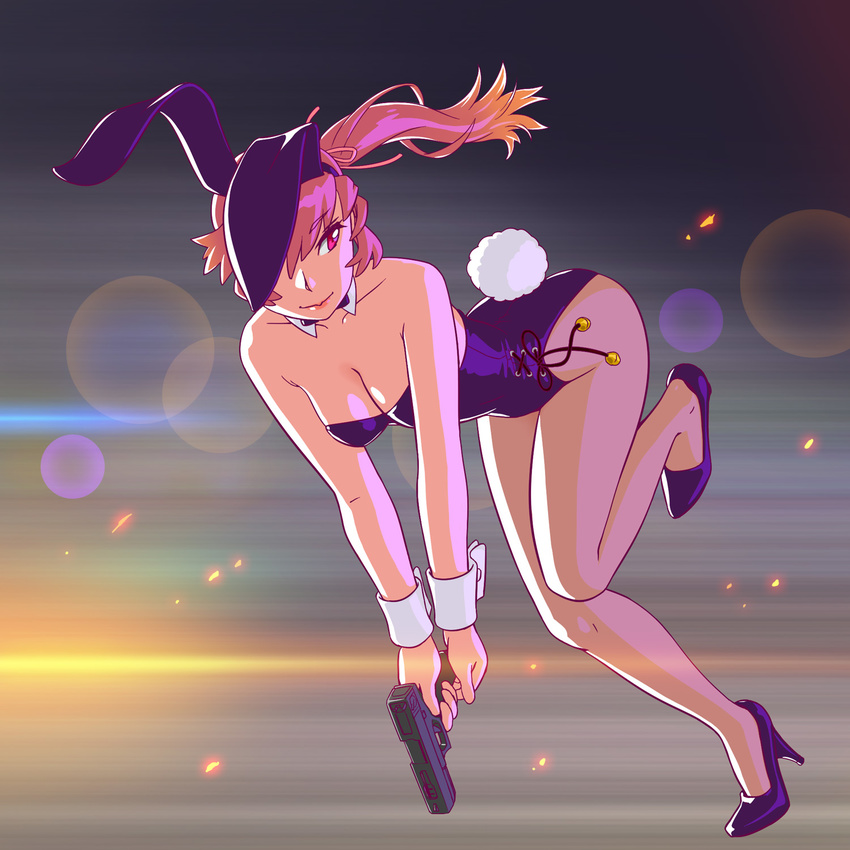 animal_ears bent_over bow bowtie brown_legwear bunny_ears bunny_tail bunnysuit detached_collar fukusuke_hachi-gou glock_18c hairband highres lens_flare leotard lips long_hair original pantyhose pink_hair ponytail purple_hairband purple_leotard red_eyes solo tail wrist_cuffs