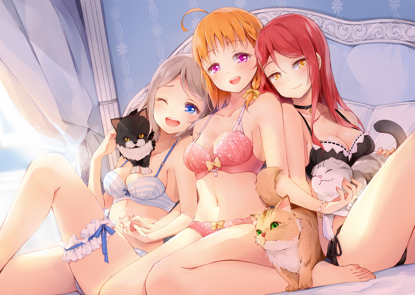 :3 :d ;d ahoge animal animal_on_shoulder ass bangs bare_arms bare_legs bare_shoulders barefoot beads bed bed_sheet black_bra black_panties blue_bra blue_eyes blue_panties bow bow_bra bow_panties bra bracelet braid breasts cat cat_on_shoulder choker cleavage closed_mouth collarbone curtains day dutch_angle eyebrows eyebrows_visible_through_hair frills garters girl_sandwich green_eyes grey_hair hair_bow hair_ornament hair_over_breasts hairclip hazuki_natsu head_on_shoulder head_tilt holding holding_cat holding_hands indoors jewelry knee_up knees_together_feet_apart leg_garter leg_up lingerie long_hair looking_at_viewer love_live! love_live!_sunshine!! medium_breasts multiple_girls on_bed one_eye_closed open_mouth orange_hair panties parted_bangs petting pillow pink_bra pink_eyes pink_panties purple_eyes red_hair round_teeth sakurauchi_riko sandwiched short_hair side-tie_panties side_braid silver_hair single_braid sitting sitting_on_bed smile striped striped_bra striped_panties sunlight takami_chika teeth thigh_strap underwear underwear_only wallpaper_(object) wariza watanabe_you yellow_bow yellow_eyes yuri