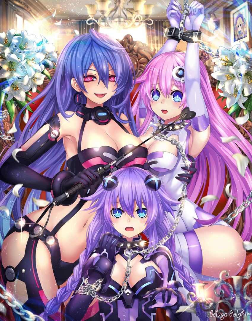 bdsm beluga_dolphin blue_eyes blue_hair bondage bound braid breasts chain chandelier cleavage collar cuffs dominatrix elbow_gloves femdom flower gloves hair_ornament highres histoire iris_heart kami_jigen_game_neptune_v large_breasts leotard long_hair looking_at_viewer md5_mismatch multiple_girls navel nepgear neptune_(series) open_mouth painting_(object) power_symbol purple_hair purple_heart purple_sister red_eyes riding_crop slave smile spiked_collar spikes symbol-shaped_pupils twin_braids very_long_hair