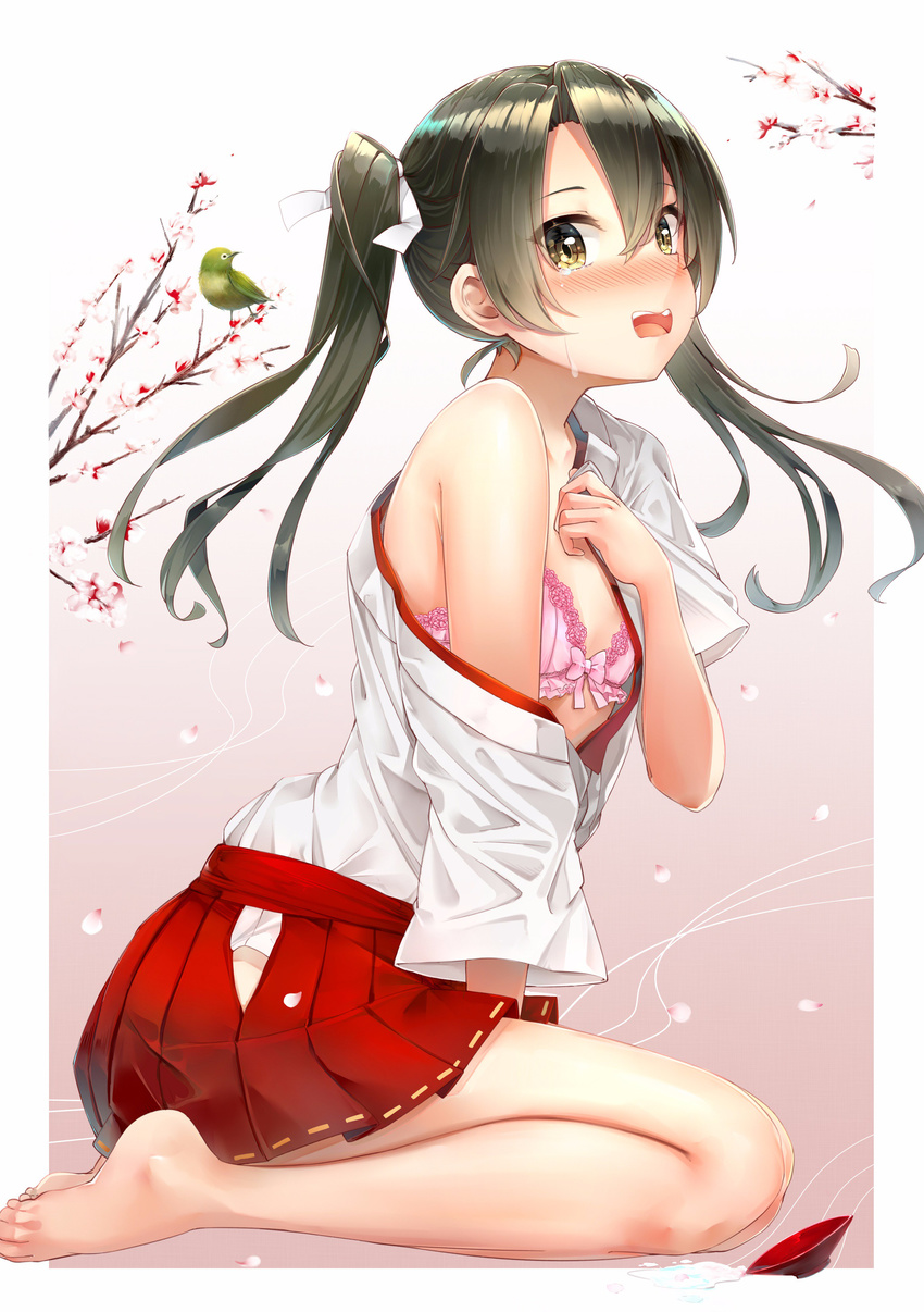 absurdres alcohol bangs barefoot bird blush bow bow_bra bra branch cherry_blossoms crying crying_with_eyes_open cup embarrassed from_side full-face_blush green_hair hair_between_eyes highres kantai_collection legs looking_at_viewer nontraditional_miko open_mouth pink_bow pink_bra pleated_skirt red_skirt sakazuki sake shirt_slip sitting skirt solo somalisu spill tears teeth twintails underwear wariza yellow_eyes zuikaku_(kantai_collection)