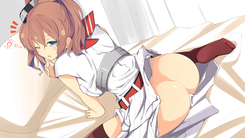 arm_support ass bed bed_sheet blue_eyes blush breast_pocket breasts brown_hair commentary_request dress dutch_angle from_behind hair_between_eyes hair_ornament half-closed_eye highres impossible_clothes kantai_collection large_breasts long_hair looking_at_viewer neckerchief no_panties one_eye_closed open_mouth pocket ponytail red_legwear red_neckwear saratoga_(kantai_collection) side_ponytail sidelocks sitting smokestack solo tenpesuto thighhighs waking_up wariza white_dress