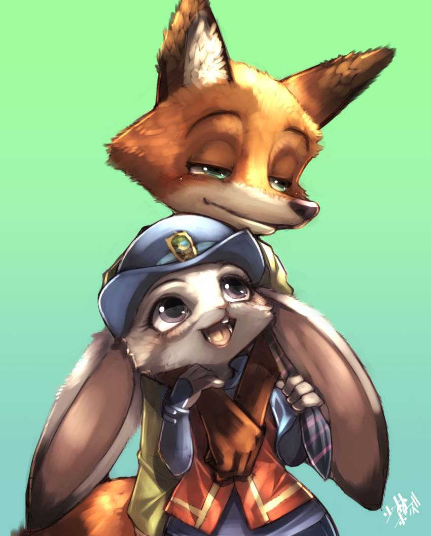 1boy 1girl :3 animal_ears artist_name blue_hat blue_shirt blush buck_teeth bunny_ears couple fox_ears fox_tail furry gradient gradient_background green_background green_eyes green_shirt half-closed_eyes happy hat highres hug hug_from_behind judy_hopps light_blush long_sleeves looking_at_another looking_up nick_wilde no_humans open_mouth orange_vest police police_uniform policewoman purple_eyes shirt short_sleeves shourin_bonzu signature simple_background smile standing tail tongue uniform zootopia