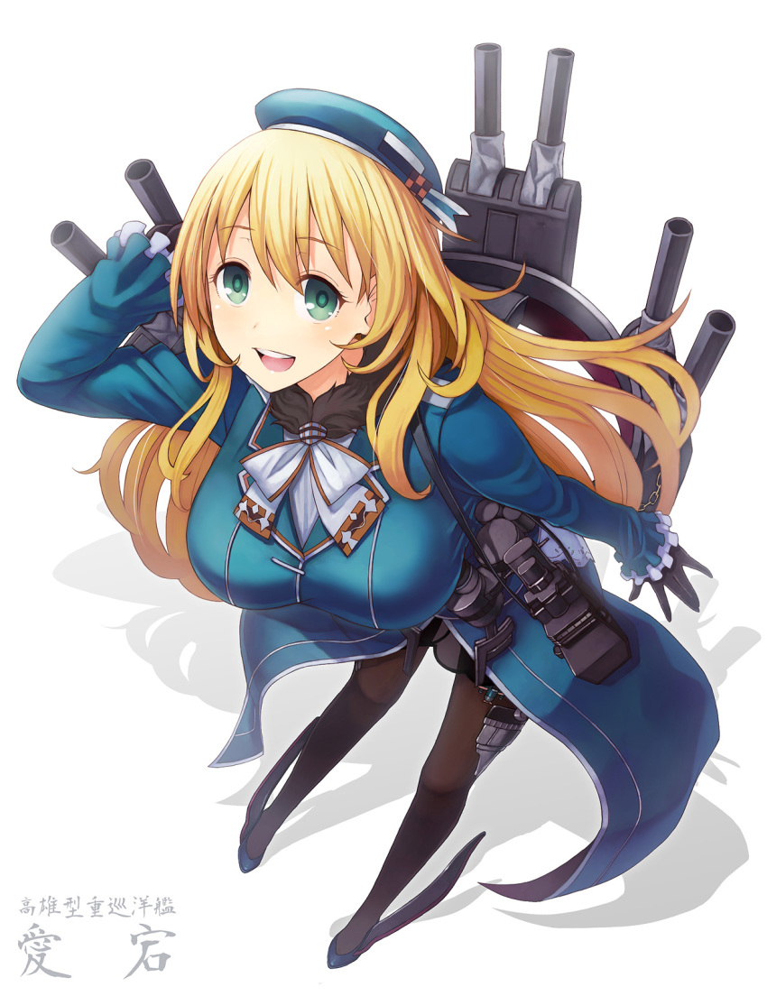1girl atago_(kantai_collection) beret black_gloves black_legwear black_skirt blonde_hair blue_footwear blue_hat blue_jacket blush breasts cannon character_name eyebrows_visible_through_hair frilled_jacket frills from_above full_body gloves green_eyes hair_between_eyes hand_on_head hat high_heels highres itou_(onsoku_tassha) jacket kantai_collection large_breasts long_hair long_sleeves looking_at_viewer machinery military military_uniform neckerchief open_mouth pantyhose rigging shadow shirt simple_background skirt smile solo text_focus turret two-tone_neckwear uniform white_background white_neckwear white_shirt