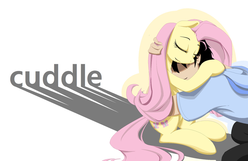 2016 clothed clothing cutie_mark daimyo duo english_text equine eyes_closed female feral fluttershy_(mlp) friendship_is_magic fur hair horse hug human male mammal my_little_pony pink_hair pony simple_background smile text white_background yellow_fur