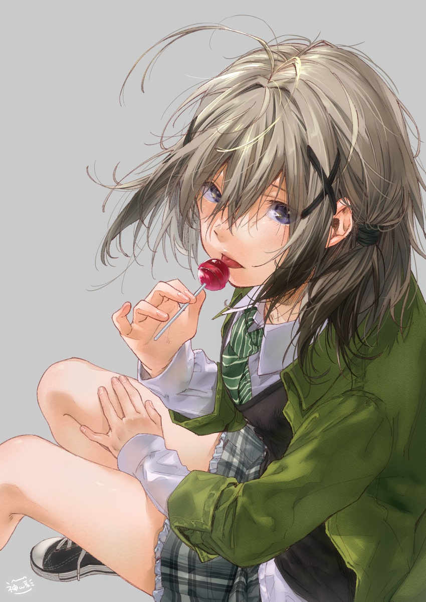 ahoge artist_name bangs blue_eyes breasts candy collared_shirt commentary_request converse dress_shirt expressionless food frilled_skirt frills from_side green_jacket green_neckwear grey_background grey_hair hair_between_eyes hair_ornament hair_tie highres jacket kamiyama_aya licking lollipop looking_at_viewer medium_breasts messy_hair mhlia_blanco necktie pleated_skirt re:lief_~shin'ai_naru_anata_e~ school_uniform shirt shoes signature simple_background sitting skirt sneakers solo striped striped_neckwear sweater_vest thighs white_shirt x_hair_ornament