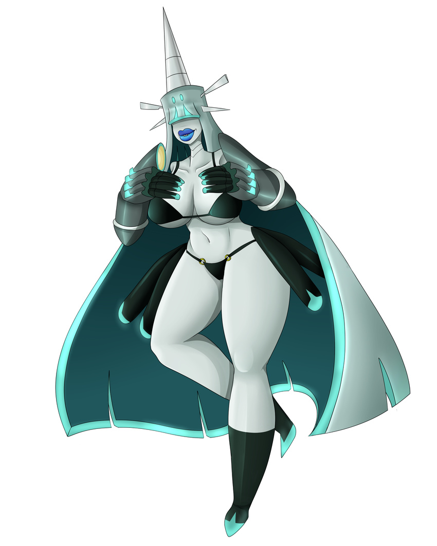 big_breasts big_lips bikini breasts celesteela clothing female green_hair hair lips nintendo pok&eacute;mon pok&eacute;morph simple_background smile solo swimsuit theomegagod ultra_beast video_games white_background