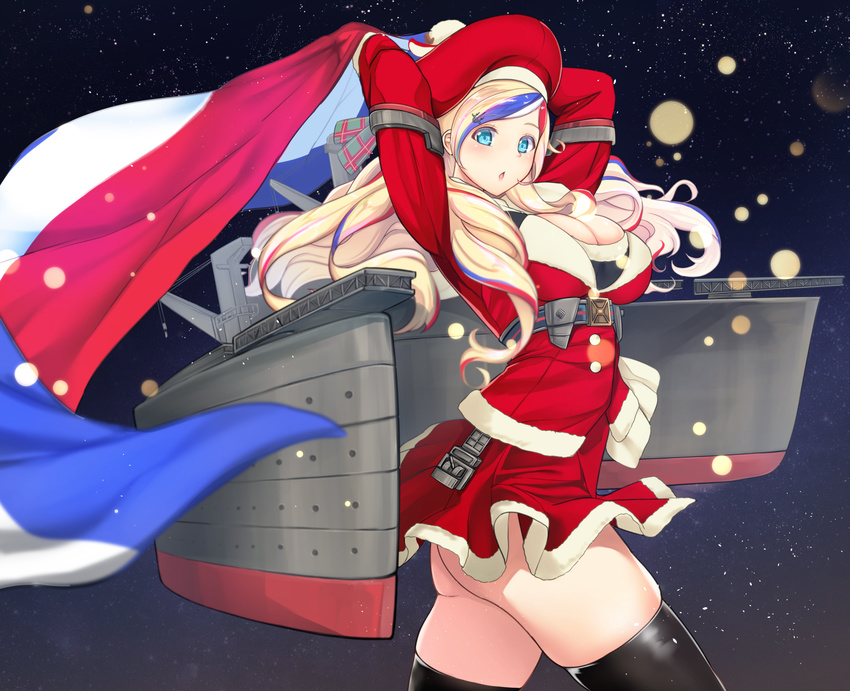 alternate_costume ass black_legwear blonde_hair blue_eyes blue_hair boots breasts catapult commandant_teste_(kantai_collection) dress french_flag hat highres kantai_collection large_breasts long_hair long_sleeves looking_at_viewer machinery moon multiple_tails night night_sky open_mouth red_dress red_hair red_hat santa_boots sky solo tail thighhighs twisted_torso underbust untsue white_hair