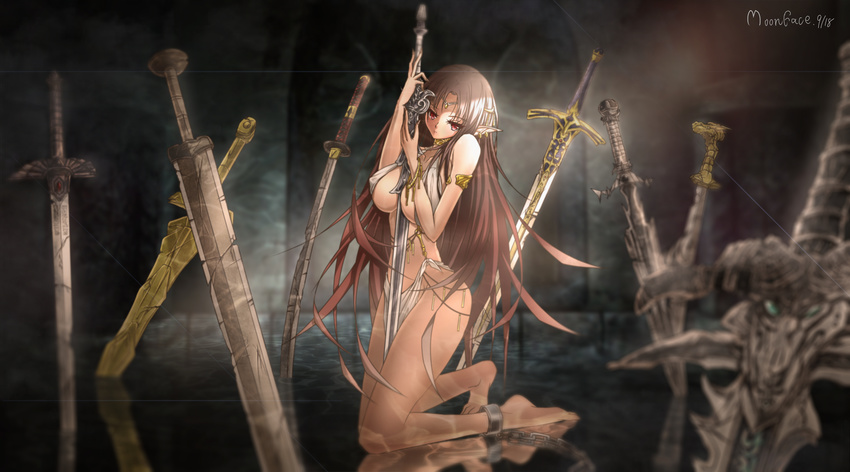 absurdres armlet artist_name bangs bare_shoulders barefoot between_breasts between_legs breasts brown_hair caliburn chain collarbone covered_nipples dated elf excalibur eyebrows_visible_through_hair fingernails forehead_jewel frostmourne groin hands_on_hilt highres holding holding_sword holding_weapon katana kneeling large_breasts loincloth long_fingernails long_hair looking_at_viewer moonface nail_polish on_liquid original pelvic_curtain planted_sword planted_weapon pointy_ears red_eyes restrained revealing_clothes solo sword very_long_hair water weapon yellow_nails