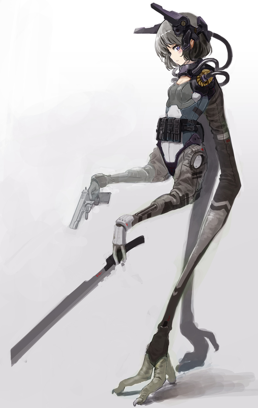 absurdres bangs blue_eyes blush blush_stickers bodysuit breasts commentary cyborg full_body gun handgun highres holding holding_gun holding_sword holding_weapon hose load_bearing_equipment looking_at_viewer m1911 mechanical_arms mechanical_legs oota_youjo original parted_lips pistol prosthesis prosthetic_arm prosthetic_leg robot_ears short_hair silver_hair simple_background small_breasts solo sword teeth trigger_discipline weapon white_background