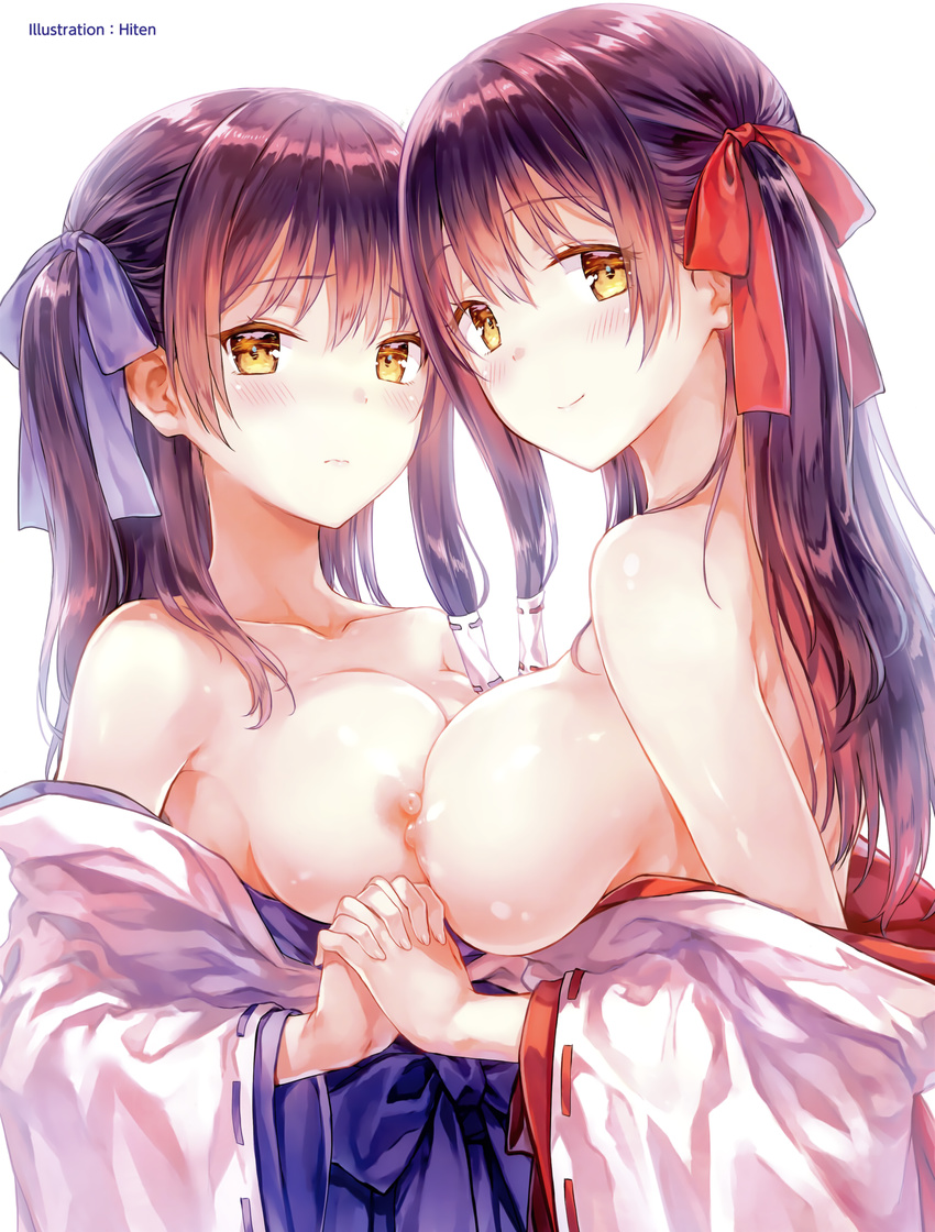 absurdres artist_name bare_shoulders blush breast_press breasts collarbone contrast from_side hair_ribbon hair_tubes hakama highres hiten_(hitenkei) holding_hands interlocked_fingers japanese_clothes large_breasts long_hair looking_at_viewer medium_breasts miko multiple_girls nipple-to-nipple nipples off_shoulder one_side_up original purple_hair purple_hakama purple_ribbon red_ribbon ribbon ribbon-trimmed_sleeves ribbon_trim simple_background single_sidelock smile symmetrical_docking take_your_pick white_background yellow_eyes