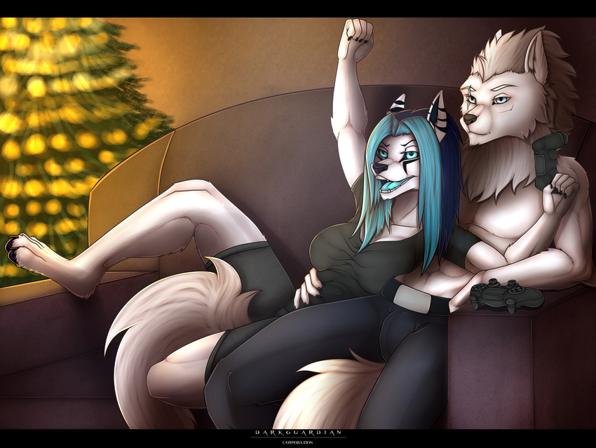 another anthro breasts canine christmas cute dark_guardian_corporation dgc digital_media_(artwork) female fur furry_art gift hair holidays looking_at_viewer mammal new_year paws scene wolf wolfees xionix