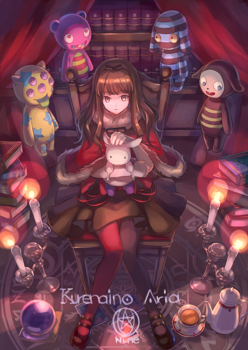absurdres bangs black_legwear book bookshelf brown_eyes brown_hair candle candlelight candlestand capelet chair character_name copyright_name crystal_ball cup curtains expressionless eyebrows_visible_through_hair fur_trim hairband highres holding holding_stuffed_animal knees_together_feet_apart kurenaino_aria long_hair magic_circle occultic;nine parted_lips red_legwear shoes sitting skirt solo stuffed_animal stuffed_toy tea teacup teapot zoff_(daria)