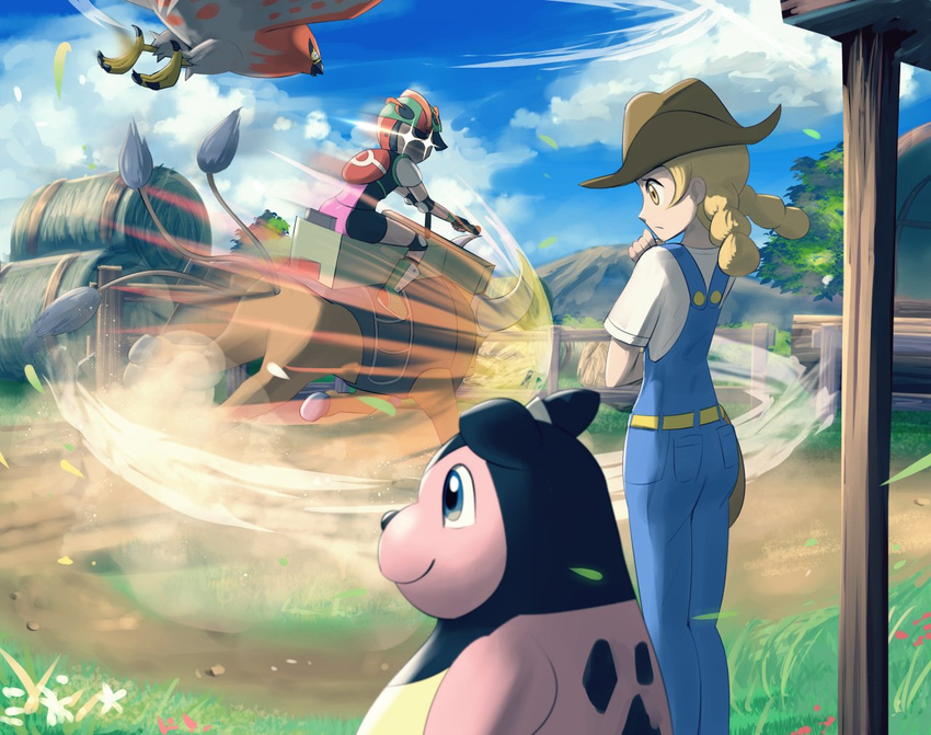 blonde_hair bodysuit cloud cowboy_hat day fence gameplay_mechanics gen_1_pokemon gen_2_pokemon gen_6_pokemon gonzarez grass hat helmet miltank mizuki_(pokemon) multiple_girls outdoors overalls pokemon pokemon_(creature) pokemon_(game) pokemon_breeder_(pokemon) pokemon_sm riding sky talonflame tauros yellow_eyes