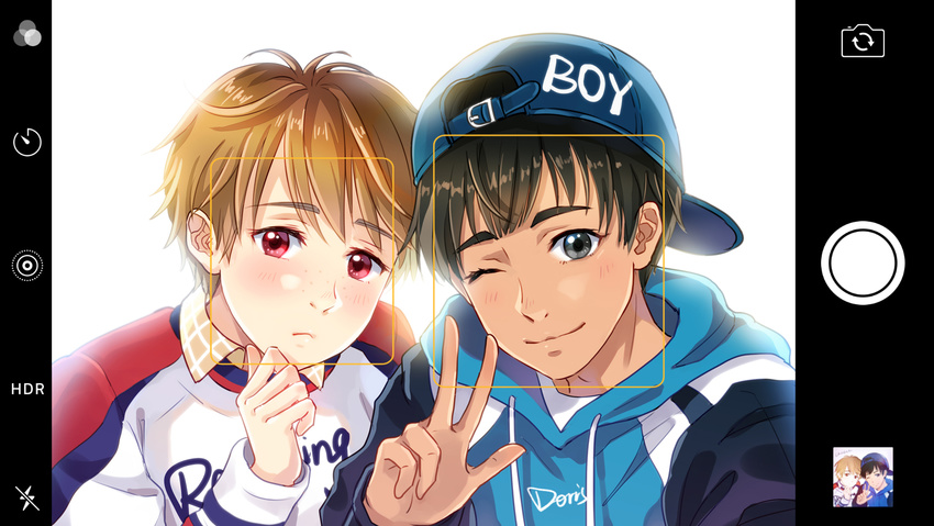artist_name backwards_hat baseball_cap black_hair blush brown_hair chinese_commentary commentary_request dark_skin dark_skinned_male dorris freckles grey_eyes hat highres hood hoodie ji_guang-hong light_brown_hair looking_at_viewer male_focus multiple_boys one_eye_closed phichit_chulanont phone_screen plaid plaid_shirt red_eyes self_shot shirt taking_picture v viewfinder yuri!!!_on_ice