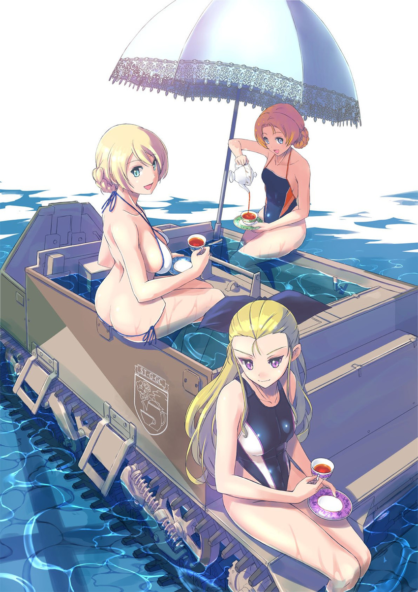 ass assam bangs bikini blonde_hair blue_eyes blue_swimsuit braid breasts butt_crack collarbone competition_swimsuit criss-cross_halter cup darjeeling emblem english girls_und_panzer ground_vehicle hair_pulled_back hair_ribbon halter_top halterneck highres holding holding_cup large_breasts light_smile long_hair looking_at_viewer looking_back motor_vehicle multiple_girls nenchi one-piece_swimsuit open_mouth orange_hair orange_pekoe pouring ribbon saucer short_hair side-tie_bikini sideboob sitting small_breasts smile soaking_feet st._gloriana's_(emblem) swimsuit tea teacup teapot thighs tied_hair twin_braids universal_carrier water wet white_bikini