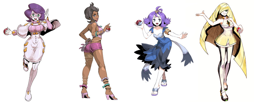 :3 acerola_(pokemon) anklet armlet bangle bangs bare_arms bare_shoulders bead_necklace beads big_hair black_eyes black_hair blonde_hair blue_nails bracelet breasts crop_top dark_skin dress earrings gem genzoman glasses green_eyes grey_eyes hair_ornament hair_over_one_eye high_heels highres holding holding_poke_ball island_kahuna jewelry large_breasts leggings lipstick long_hair looking_at_viewer lusamine_(pokemon) lychee_(pokemon) makeup midriff multicolored multicolored_clothes multicolored_dress multiple_girls nail_polish neck_ring necklace open_mouth pink-framed_eyewear pink_footwear poke_ball poke_ball_(generic) pokemon pokemon_(game) pokemon_sm purple_eyes purple_hair purple_shorts ribbed_sweater sandals shoes short_dress short_hair short_shorts shorts simple_background sleeveless sleeveless_dress smile stitches sweater swept_bangs thighlet toenail_polish topknot trial_captain turtleneck turtleneck_sweater very_long_hair white_background white_legwear wicke_(pokemon)