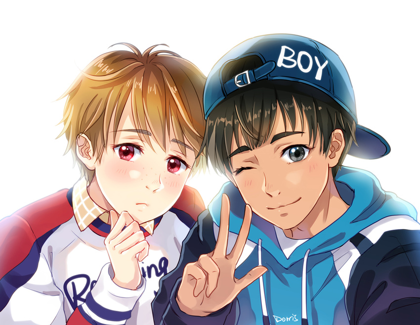 artist_name backwards_hat baseball_cap black_hair blush brown_hair dark_skin dark_skinned_male dorris freckles grey_eyes hat hood hoodie ji_guang-hong light_brown_hair looking_at_viewer male_focus multiple_boys one_eye_closed phichit_chulanont plaid plaid_shirt red_eyes self_shot shirt yuri!!!_on_ice