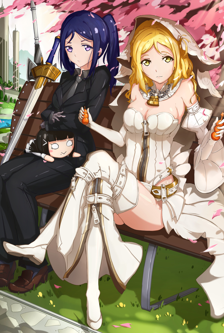 :&gt; absurdres alternate_costume artoria_pendragon_(all) bench blonde_hair blue_hair breasts character_doll cleavage cosplay detached_sleeves error excalibur fate/extra fate/extra_ccc fate_(series) formal gloves highres kurosawa_dia looking_at_viewer love_live! love_live!_sunshine!! matsuura_kanan medium_breasts merchandise mole mole_under_mouth multiple_girls necktie nero_claudius_(bride)_(fate) nero_claudius_(fate) nero_claudius_(fate)_(all) nero_claudius_(fate)_(cosplay) nesoberi ohara_mari park_bench purple_eyes renze_l saber saber_(cosplay) suit thighs white_sleeves yellow_eyes