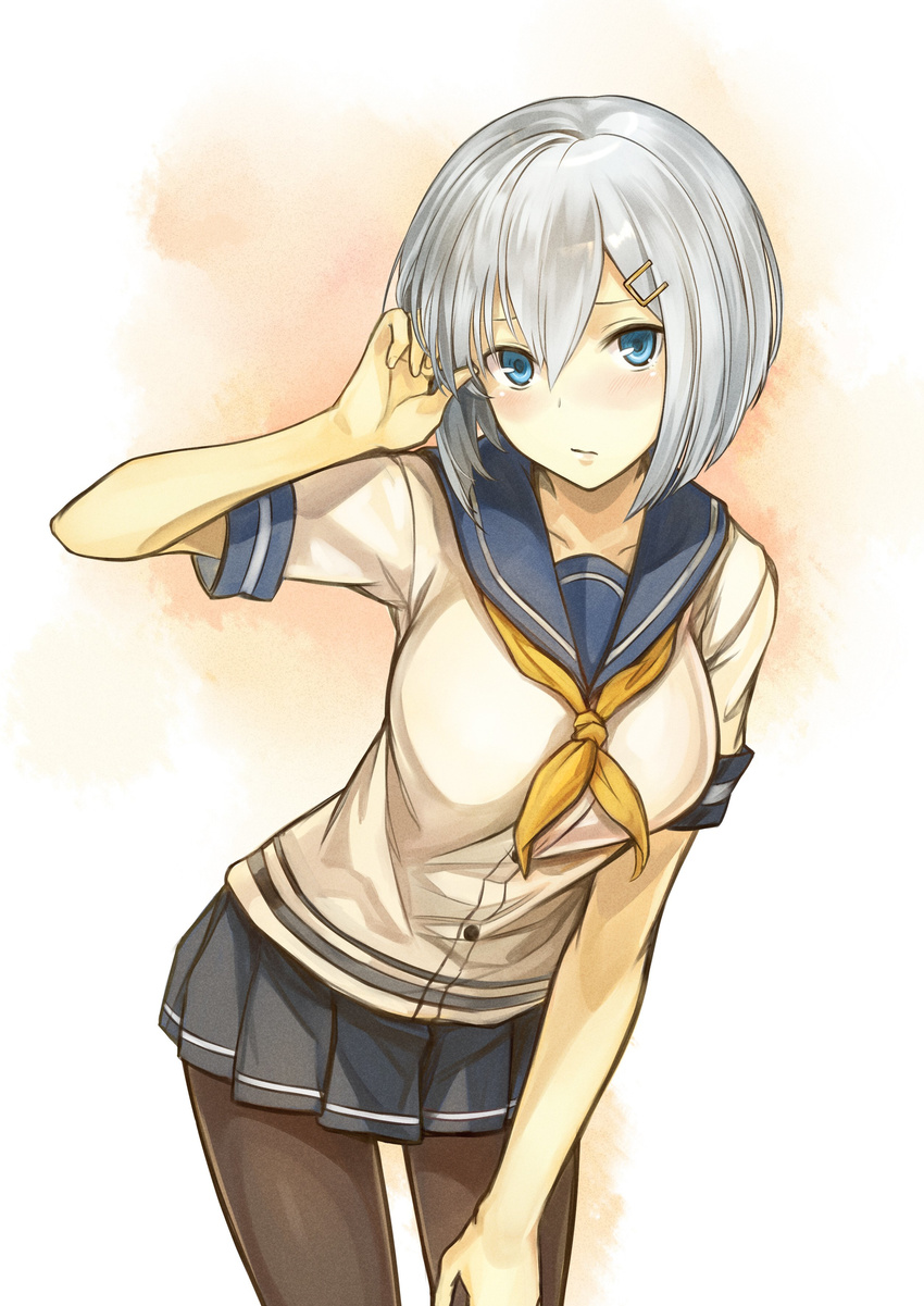 absurdres arm_up black_legwear blue_eyes blush breasts cowboy_shot hair_between_eyes hair_ornament hair_tucking hairclip hamakaze_(kantai_collection) hand_on_own_thigh highres kantai_collection kazabana_fuuka large_breasts looking_at_viewer pantyhose pleated_skirt school_uniform serafuku short_sleeves silver_hair skirt solo