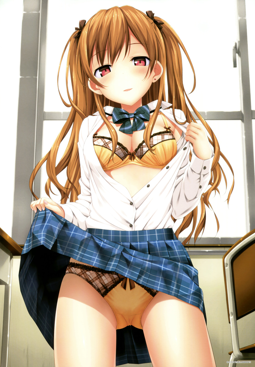 absurdres blush bow bow_bra bow_panties bowtie bra breasts brown_hair chair cleavage desk dress_shirt ear_piercing hair_bow hair_ribbon highres lifted_by_self long_hair medium_breasts melonbooks open_clothes open_mouth open_shirt opened_by_self panties partially_unbuttoned piercing plaid plaid_skirt plaid_trim red_eyes ribbon school_chair school_desk school_uniform shirt skirt skirt_lift smile solo standing takayaki two_side_up underwear window yellow_bra yellow_panties