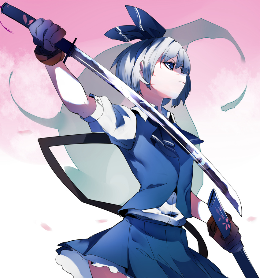 &gt;:( bad_id bad_pixiv_id black_gloves black_hairband black_ribbon blue_eyes closed_mouth commentary_request cowboy_shot from_side frown gloves hair_ribbon hairband highres holding holding_sword holding_weapon ikurauni katana konpaku_youmu konpaku_youmu_(ghost) looking_away neck_ribbon profile puffy_short_sleeves puffy_sleeves ribbon scabbard serious sheath short_hair short_sleeves silver_hair skirt skirt_set solo sword touhou unsheathing v-shaped_eyebrows weapon